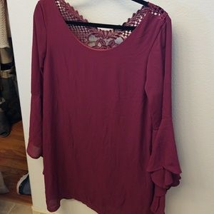 Maroon shift dress with lace detail